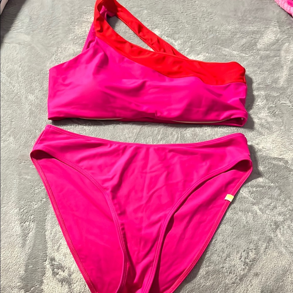 Women's Pink and Red One-Shoulder Bikini